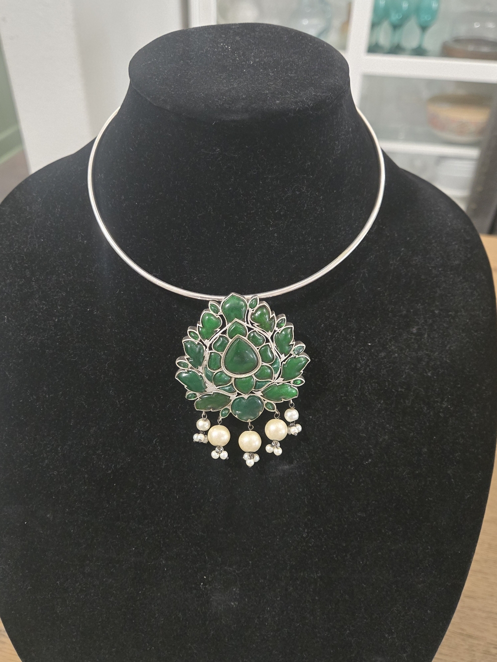 Green Gem Floral Choker Necklace + Earrings